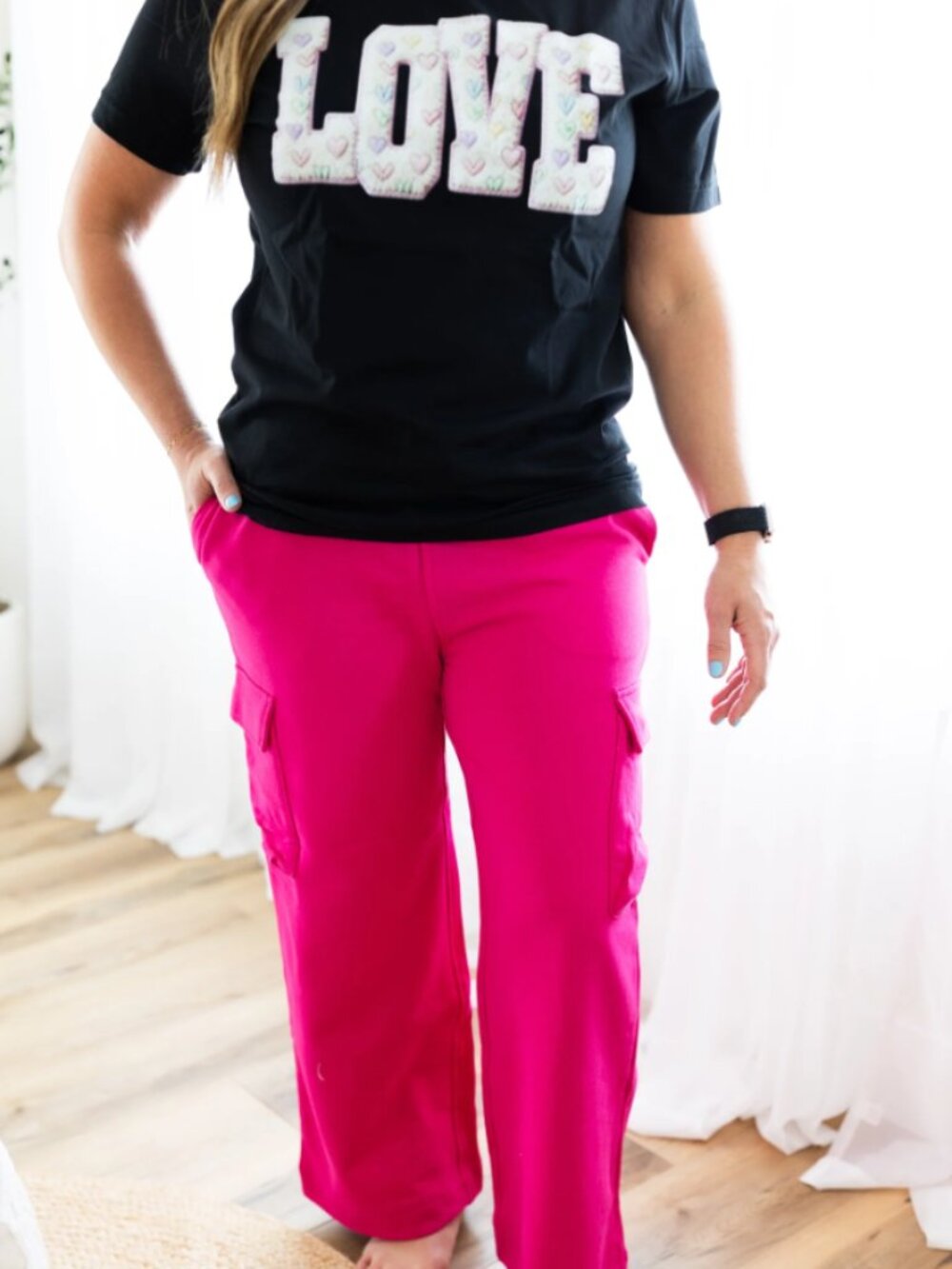 Risen Fuchsia Relaxed Cargo Wide Leg French Terry Pants  - Size Small